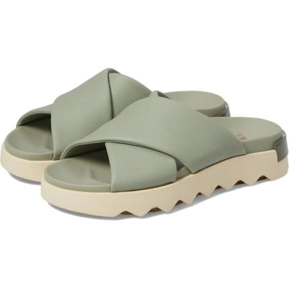 Sorel Shoes Viibe Safari Green Leather Crisscross Slide Sandals
